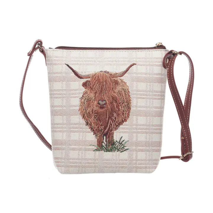 Highland Cow Crossbody Tasche – Gobelin Umhängetasche mit Hochlandrind-Motiv